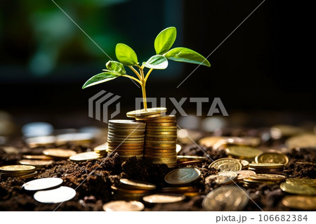 Seedling are growing on stack of coins on green nature environment background, financial, Investment, saving money and business growth for profit idea concept Seedling are growing on stack of coins on green nature environment background, financial, Investment, saving money and business growth for profit idea concept 106682384