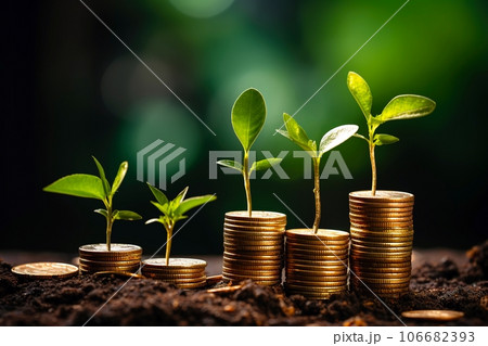 Seedling are growing on stack of coins on green nature environment background, financial, Investment, saving money and business growth for profit idea concept Seedling are growing on stack of coins on green nature environment background, financial, Investment, saving money and business growth for profit idea concept 106682393