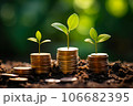 Seedling are growing on stack of coins on green nature environment background, financial, Investment, saving money and business growth for profit idea concept 106682395