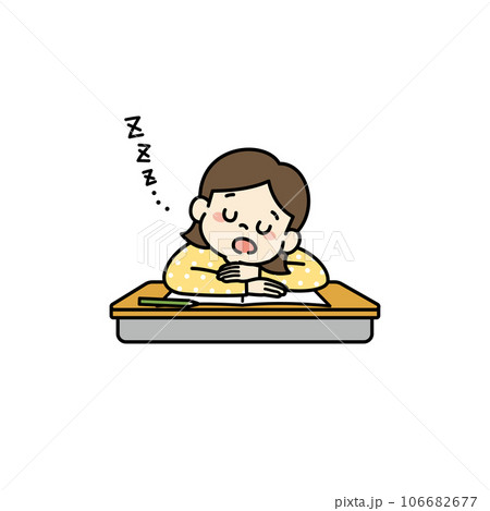 勉強中に疲れて机の上で眠る女の子のイラスト 106682677