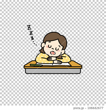 勉強中に疲れて机の上で眠る女の子のイラスト 106682677