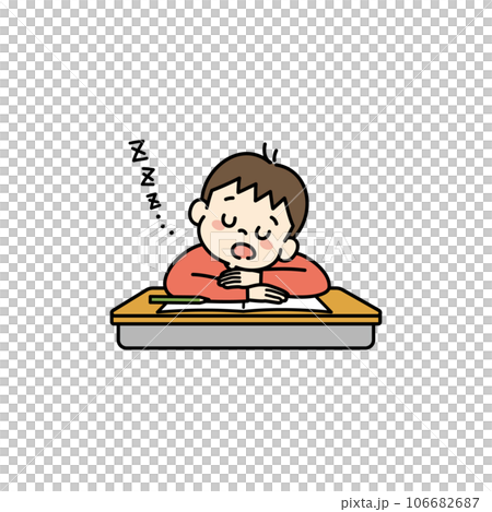 勉強中に疲れて机の上で眠る男の子のイラスト 106682687