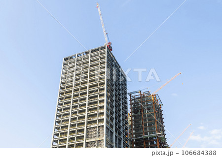 Close-up of steel structure silhouette background for building construction in Taiwan. Close-up of steel structure silhouette background for building construction in Taiwan. 106684388