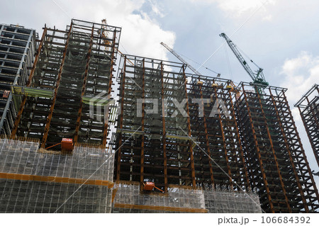 Close-up of steel structure silhouette background for building construction in Taiwan. Close-up of steel structure silhouette background for building construction in Taiwan. 106684392