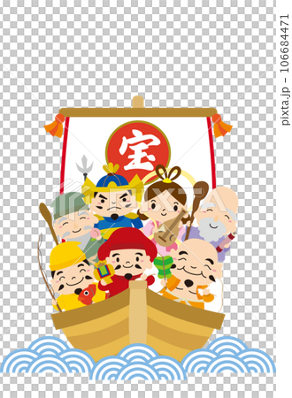 寶船與七福神的新年賀卡/垂直 1，邊框，無文字 106684471
