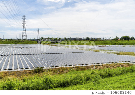 View of the floating Solar power system on the flood detention basin in Kaohsiung, Taiwan. 106685146