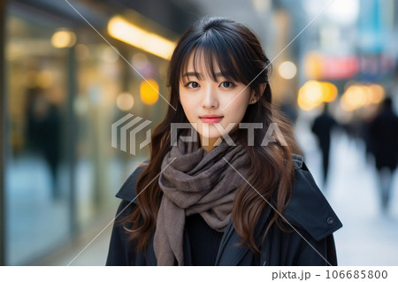 若い綺麗な日本人女性の街中ポートレートのイラスト素材 [106685800