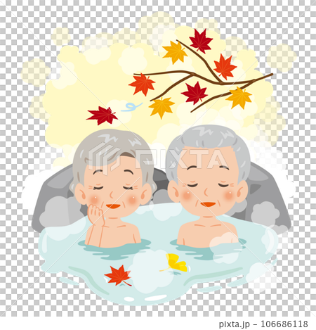 Elderly men and women soaking in a hot spring in autumn 106686118