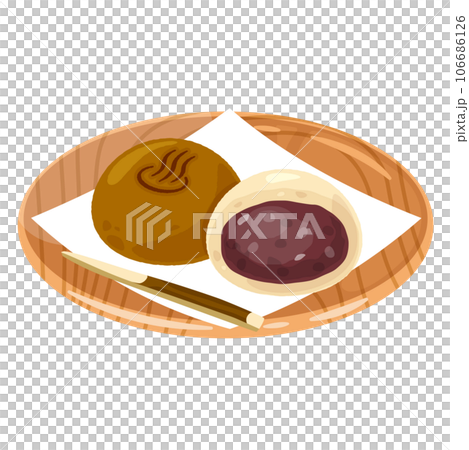 Hot spring manju, sweet bean paste, wooden plate, cross section 106686126