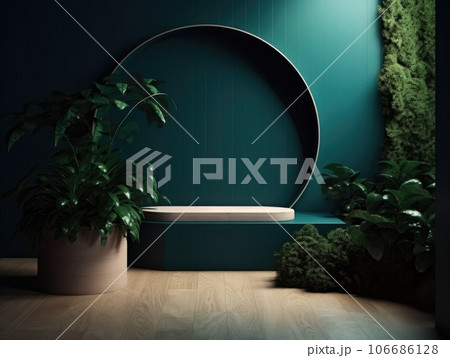Green podium in modern tropical background for product placement 3d render. AI Generative 106686128