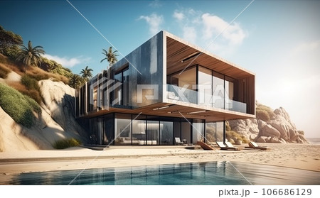 Design house - modern villa with open plan living and private bedroom wing. Large terrace with privacy and, swimming pool. Generative AI. 106686129