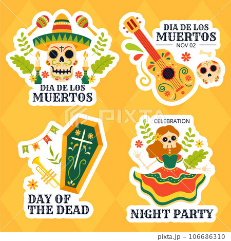 Dia de Los Muertos Label Illustration Flat Cartoon Hand Drawn Templates Background 106686310