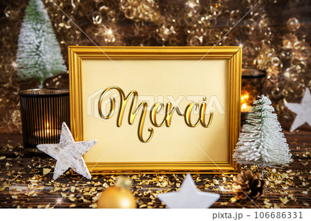 Frame With Text Merci, Means Thanks, Golden Christmas Decoration 106686331
