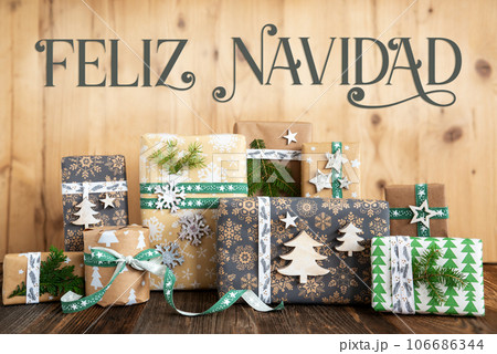 Text Feliz Navidad, Means Merry Christmas, Rustic, Eco Christmas Background 106686344