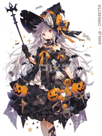 ハロウィンのかわいい魔女の女の子「AI生成画像」のイラスト素材 