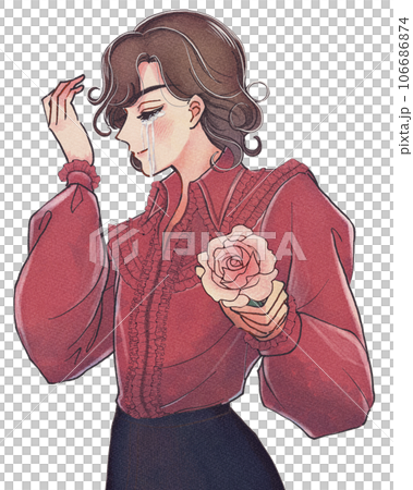 Cartoon illustration of a charming man crying and holding a rose 106686874