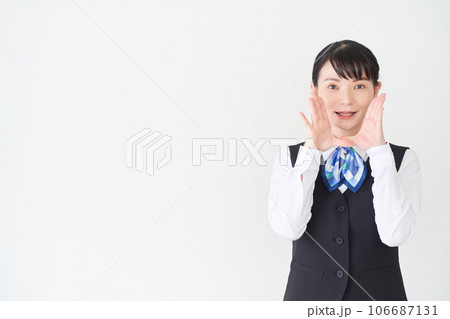 呼びかけるベストにリボンタイの制服を着た、受付業務、事務業務の女性 呼びかけるベストにリボンタイの制服を着た、受付業務、事務業務の女性 106687131