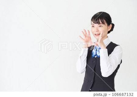 呼びかけるベストにリボンタイの制服を着た、受付業務、事務業務の女性 呼びかけるベストにリボンタイの制服を着た、受付業務、事務業務の女性 106687132