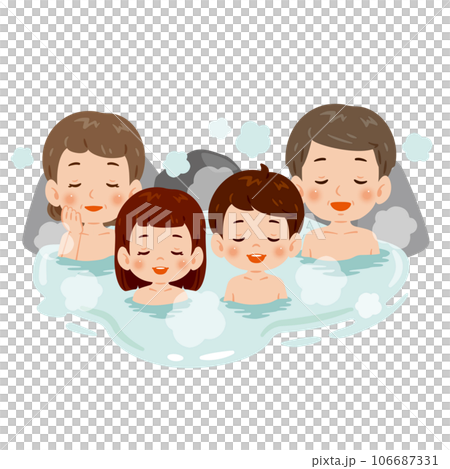 温泉に浸かる中年の男女と子ども 106687331
