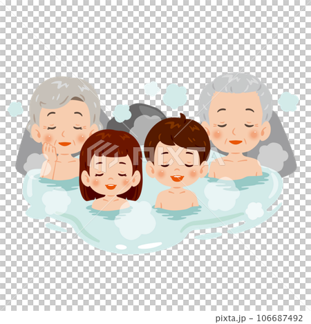 Elderly men, women and children soaking in a hot spring 106687492