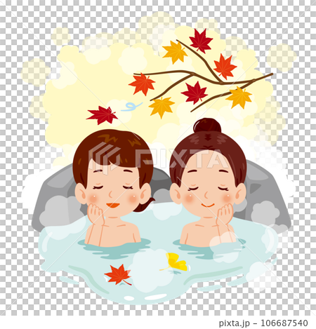 Two women soaking in a hot spring in autumn Two women soaking in a hot spring in autumn 106687540