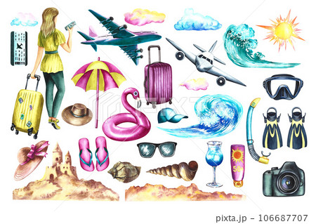 A set of illustrations travels to the sea by plane. Isolates. Watercolor hand drawn illustration. Designed for flyer, banner, postcard. For invitation, poster, for sticker and print, postcard, flyer. A set of illustrations travels to the sea by plane. Isolates. Watercolor hand drawn illustration. Designed for flyer, banner, postcard. For invitation, poster, for sticker and print, postcard, flyer. 106687707