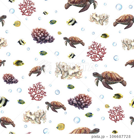 Seamless pattern with marine coral fish and turtles. Watercolor hand drawn. The concept of labels, packaging, textiles. 106687728