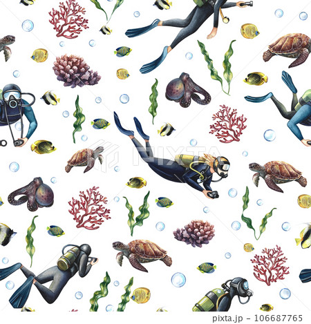 Seamless pattern with divers, and elements of the underwater world. Underwater journey. Hand-drawn in watercolor. The concept of labels, packaging, textiles. For background and decor. 106687765