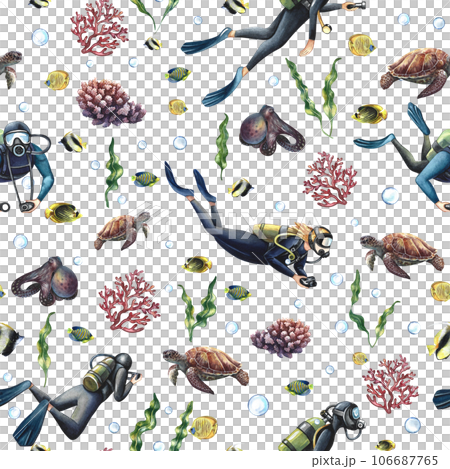 Seamless pattern with divers, and elements of the underwater world. Underwater journey. Hand-drawn in watercolor. The concept of labels, packaging, textiles. For background and decor. 106687765