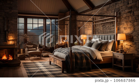 Design of cozy and rustic bedroom with a wooden four-poster bed, plaid bedding, and a stone fireplace. earthy color with shades of brown, beige, and green, AI Generated 106687866