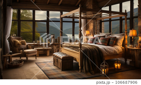 Design of cozy and rustic bedroom with a wooden four-poster bed, plaid bedding, and a stone fireplace. earthy color with shades of brown, beige, and green, AI Generated 106687906