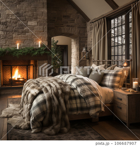 Design of cozy and rustic bedroom with a wooden four-poster bed, plaid bedding, and a stone fireplace. earthy color with shades of brown, beige, and green, AI Generated 106687907