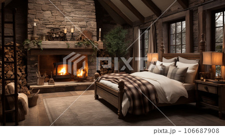 Design of cozy and rustic bedroom with a wooden four-poster bed, plaid bedding, and a stone fireplace. earthy color with shades of brown, beige, and green, AI Generated 106687908