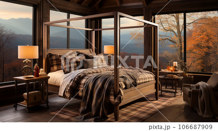 Design of cozy and rustic bedroom with a wooden four-poster bed, plaid bedding, and a stone fireplace. earthy color with shades of brown, beige, and green, AI Generated 106687909