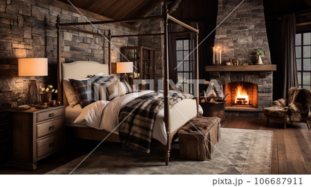 Design of cozy and rustic bedroom with a wooden four-poster bed, plaid bedding, and a stone fireplace. earthy color with shades of brown, beige, and green, AI Generated 106687911