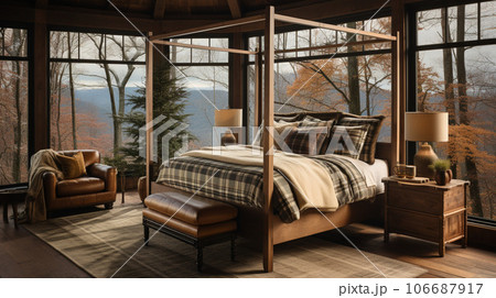 Design of cozy and rustic bedroom with a wooden four-poster bed, plaid bedding, and a stone fireplace. earthy color with shades of brown, beige, and green, AI Generated 106687917