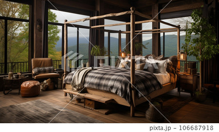 Design of cozy and rustic bedroom with a wooden four-poster bed, plaid bedding, and a stone fireplace. earthy color with shades of brown, beige, and green, AI Generated 106687918