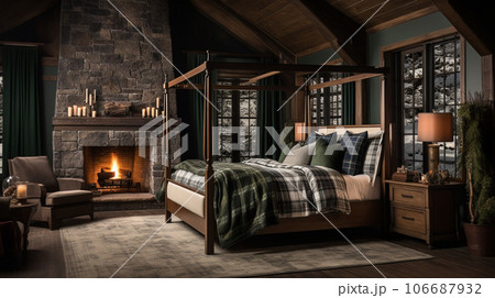 Design of cozy and rustic bedroom with a wooden four-poster bed, plaid bedding, and a stone fireplace. earthy color with shades of brown, beige, and green, AI Generated 106687932