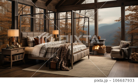 Design of cozy and rustic bedroom with a wooden four-poster bed, plaid bedding, and a stone fireplace. earthy color with shades of brown, beige, and green, AI Generated 106687933
