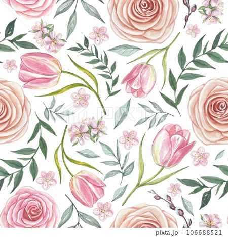 Floral pattern with roses, tulips, flowers, leaves. Watercolor 106688521
