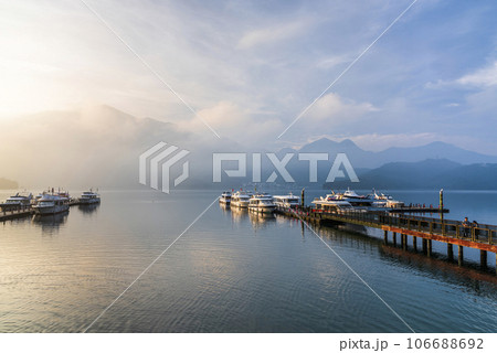 The scenery of the Yacht Marina at Sun Moon Lake in the morning is a famous attraction in Nantou, Taiwan. 106688692