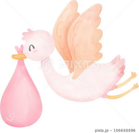 cute  baby shower girl, stork bird with pink bag 106688896