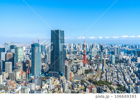 日本の東京都市景観 大都会・東京や東京タワーなどを望む。右奥に豊洲市場 日本の東京都市景観 大都会・東京や東京タワーなどを望む。右奥に豊洲市場 106689393