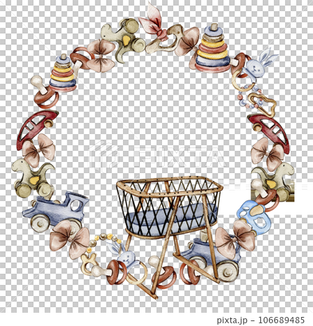 Toys wreath,watercolor illustration for cards, backgrounds. Watercolor illustration for scrapbooking. Cartoon hand drawn background with toys for kids design. Perfect for wedding invitation. 106689485