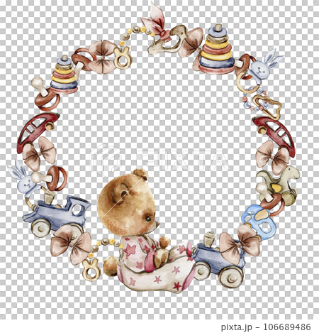 Toys wreath,watercolor illustration for cards, backgrounds. Watercolor illustration for scrapbooking. Cartoon hand drawn background with toys for kids design. Perfect for wedding invitation. 106689486