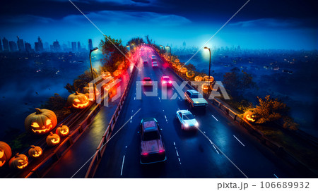 Street filled with lots of traffic next to street filled with pumpkins. Generative AI 106689932