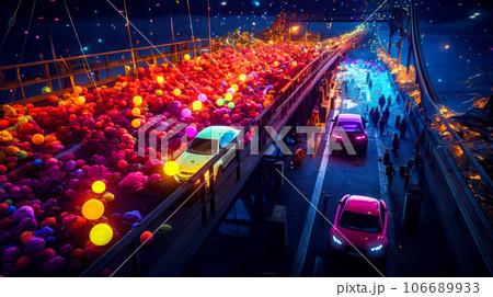Group of cars driving down street next to crowd of people. Generative AI 106689933