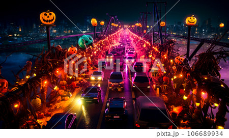 Street filled with lots of traffic next to bridge covered in pumpkins. Generative AI 106689934