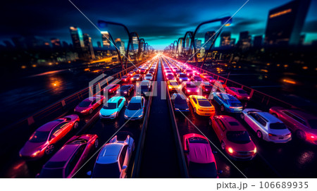 Bunch of cars that are sitting in parking lot with bridge in the background. Generative AI 106689935