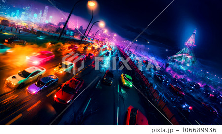 City street filled with lots of traffic under street light at night. Generative AI 106689936